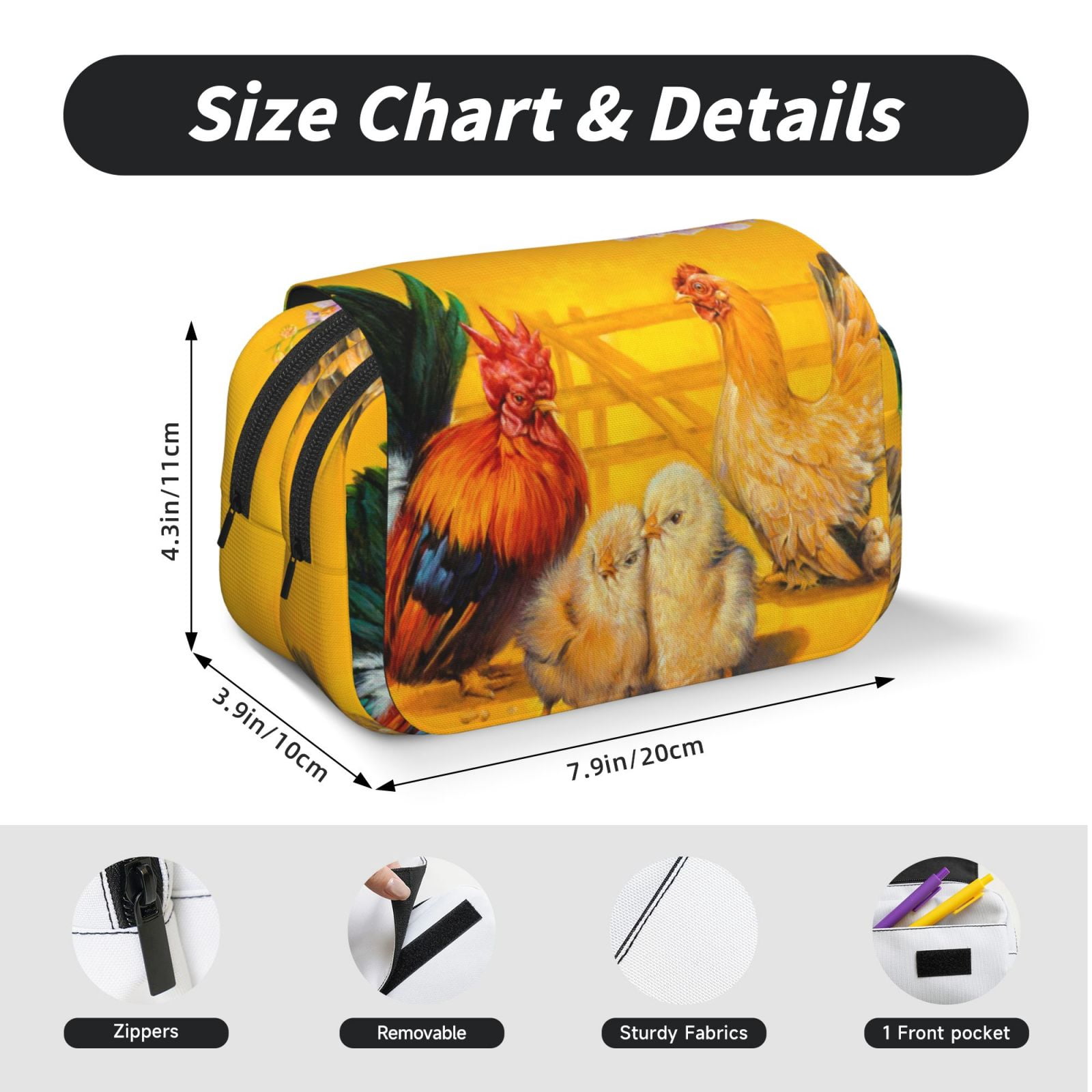 Rateoe The Chicken Family Pattern Double Clamshell Pen Case, Storage Organizer with Two Zipper Compartments– Holds Up to 50 Pencils & Pens