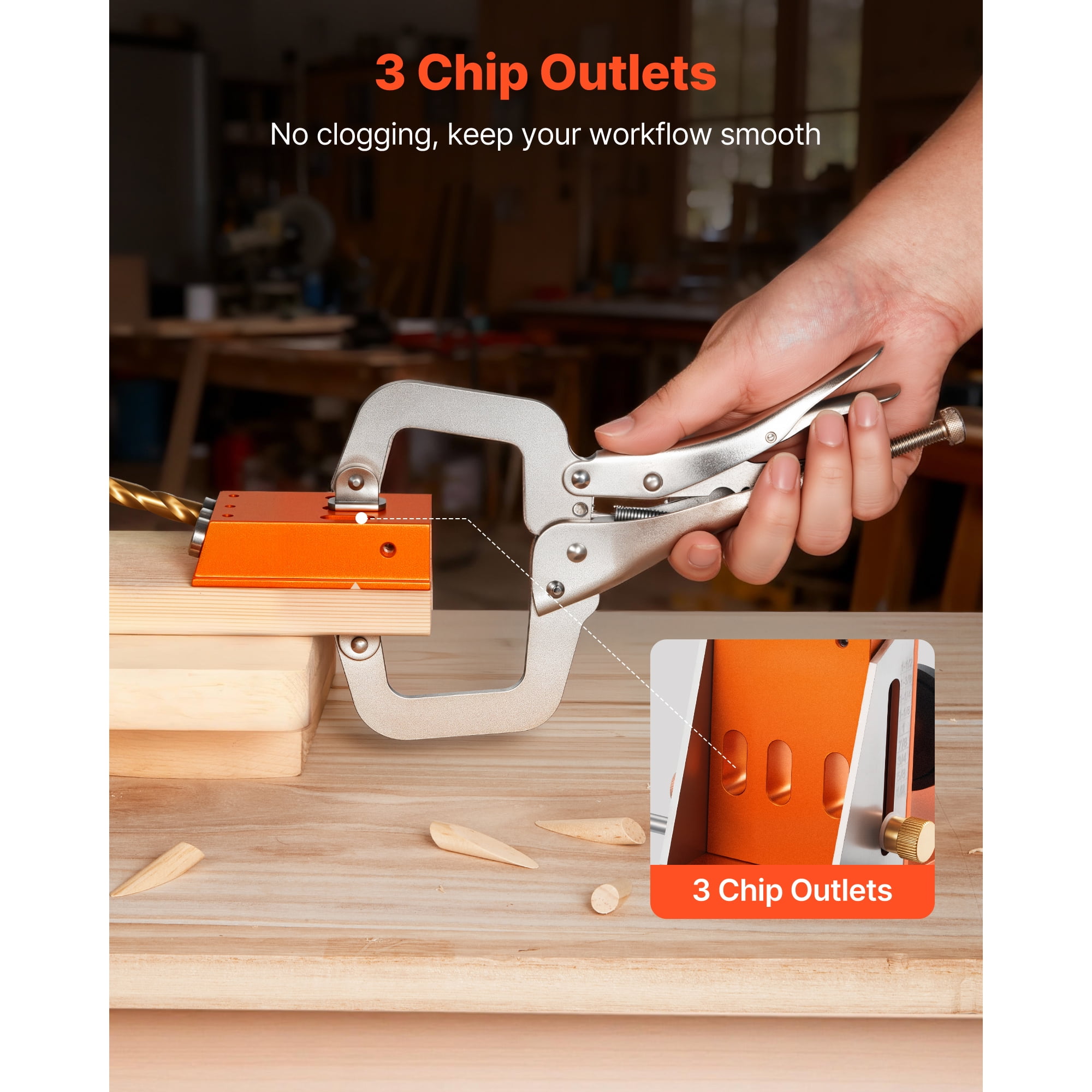 KFFKFF Adjustable Pocket Hole Jig Kit, Compatible with 1/2 to 1-1/2 Inch Materials, Includes Toolcase, C-Clamp, Step Drill, Hex Wrench, Drill Stop Ring, Square Drive Bit, Durable Metal Frame