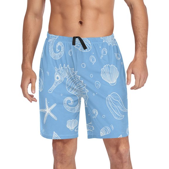 Men’s Sleep Shorts Relaxed Fit Lounge Pants with Pockets Mens Pajama Loungewear Home Wear Comfort Seahorses Starfish and Shells Small