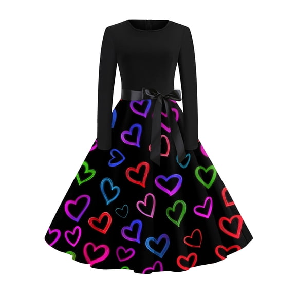 Fgvctg Valentine'S Day Womens Dresses Elegant Crewneck Vintage Dress Cocktail Love Heart Print Soft 1950S Tea Dress Date-Night Long Sleeve Plus Size Dressy Outfit Multicolor S