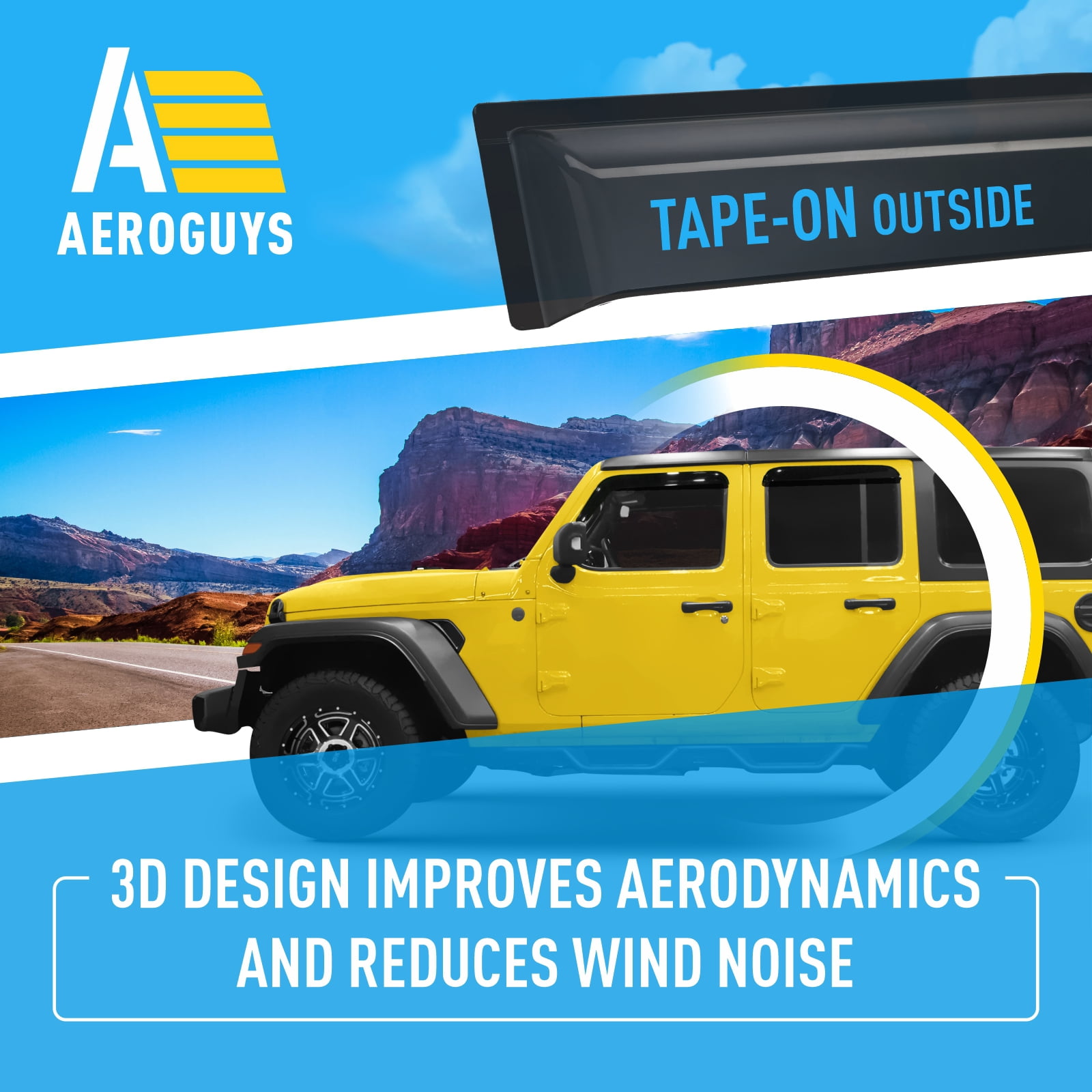 AEROGUYS Tape-On Window Deflectors Extra Durable Window Visors Rain Guards Fit for Jeep Wrangler 2018-2026 JL/Gladiator 2020-2026,Sun Visors, Wind Deflectors,Vent Visors,Car Accessories - 4pcs AG0085