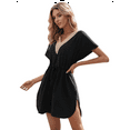 thumbnail image 2 of Women'S Swimsuit Cover Up Short Sleeve Loose Beachwear Deep V-Neck Beach Dress Black M, 2 of 8