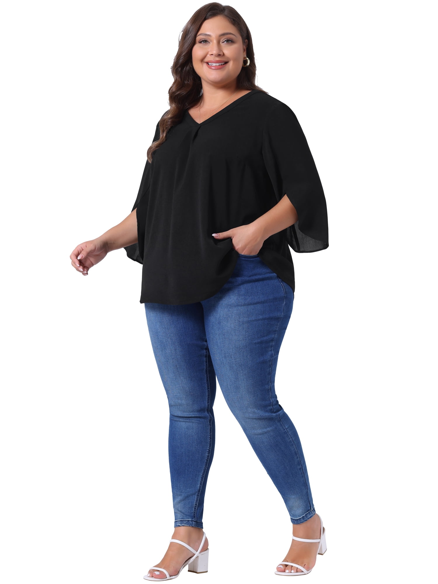 Women's Plus Spring Tops 3/4 Sleeve V Neck Chiffon Work Dressy Casual Shirt 4X All Black