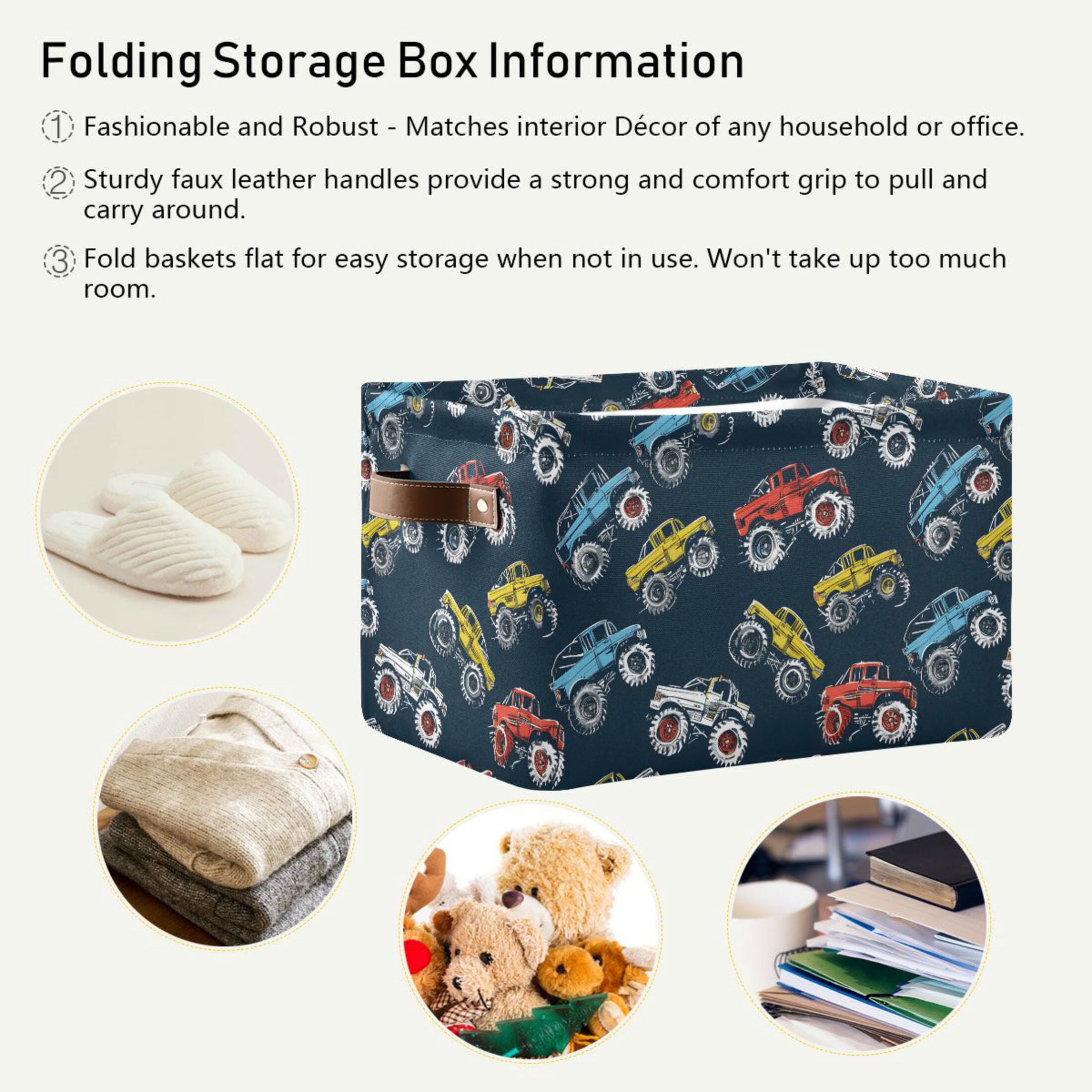 Colorful Monster Trucks Storage Bins with Handle Fabric Organizer Basket Foldable Box 2 Pack 14.2x10.2x8.3