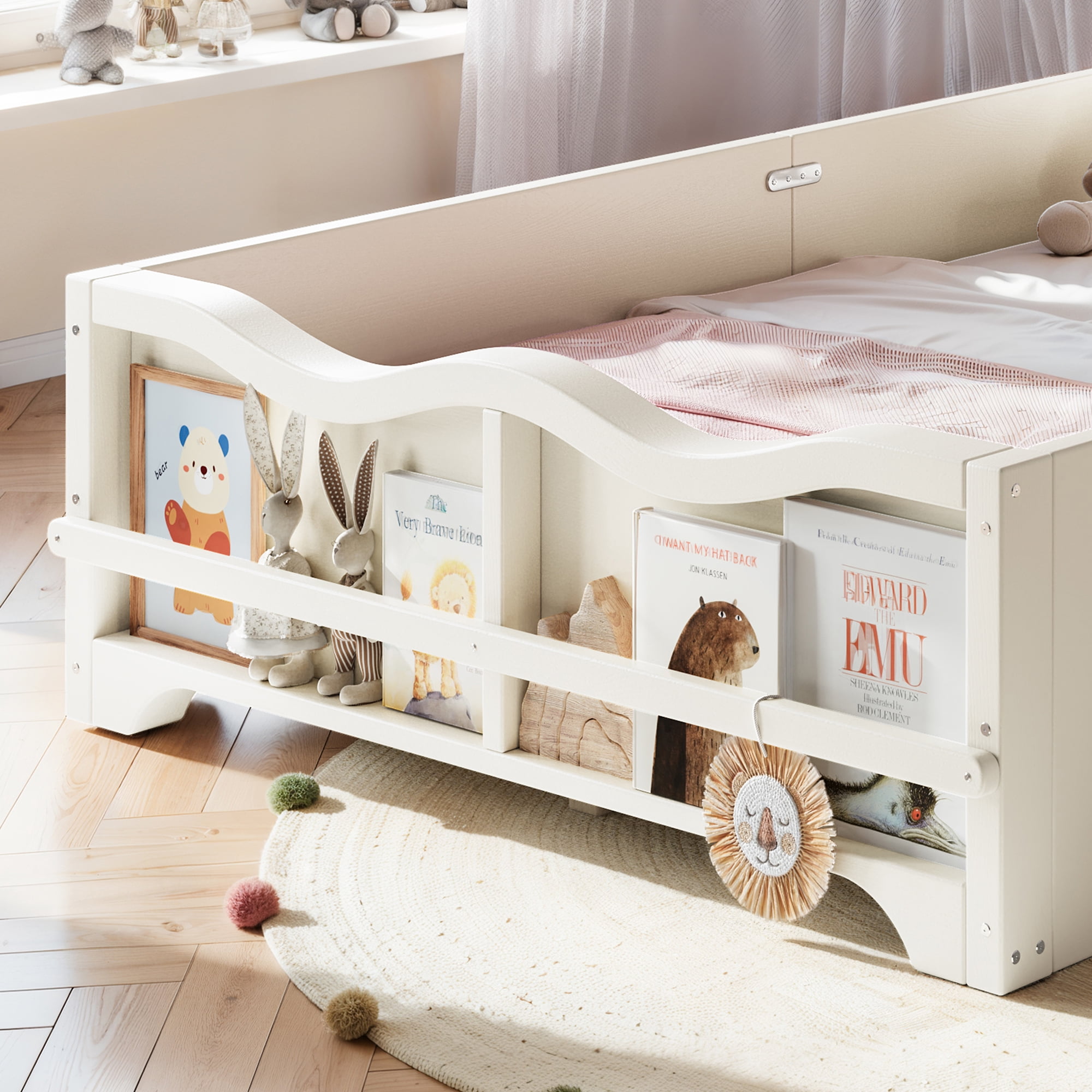 Twin Size Kids Platform Bed 78 Inch, Bowknot Headboard with Surround Guardrails and Built In Bookshelf, No Box Spring Needed, Beige