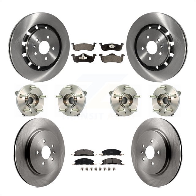 Transit Auto Front Rear Hub Bearings Assembly Disc Brake Rotors and Ceramic Pads Kit (10Pc) for Car 2017-2019 Lincoln MKT with Vented - Left Right Side (Driver Passenger) KBB-127597