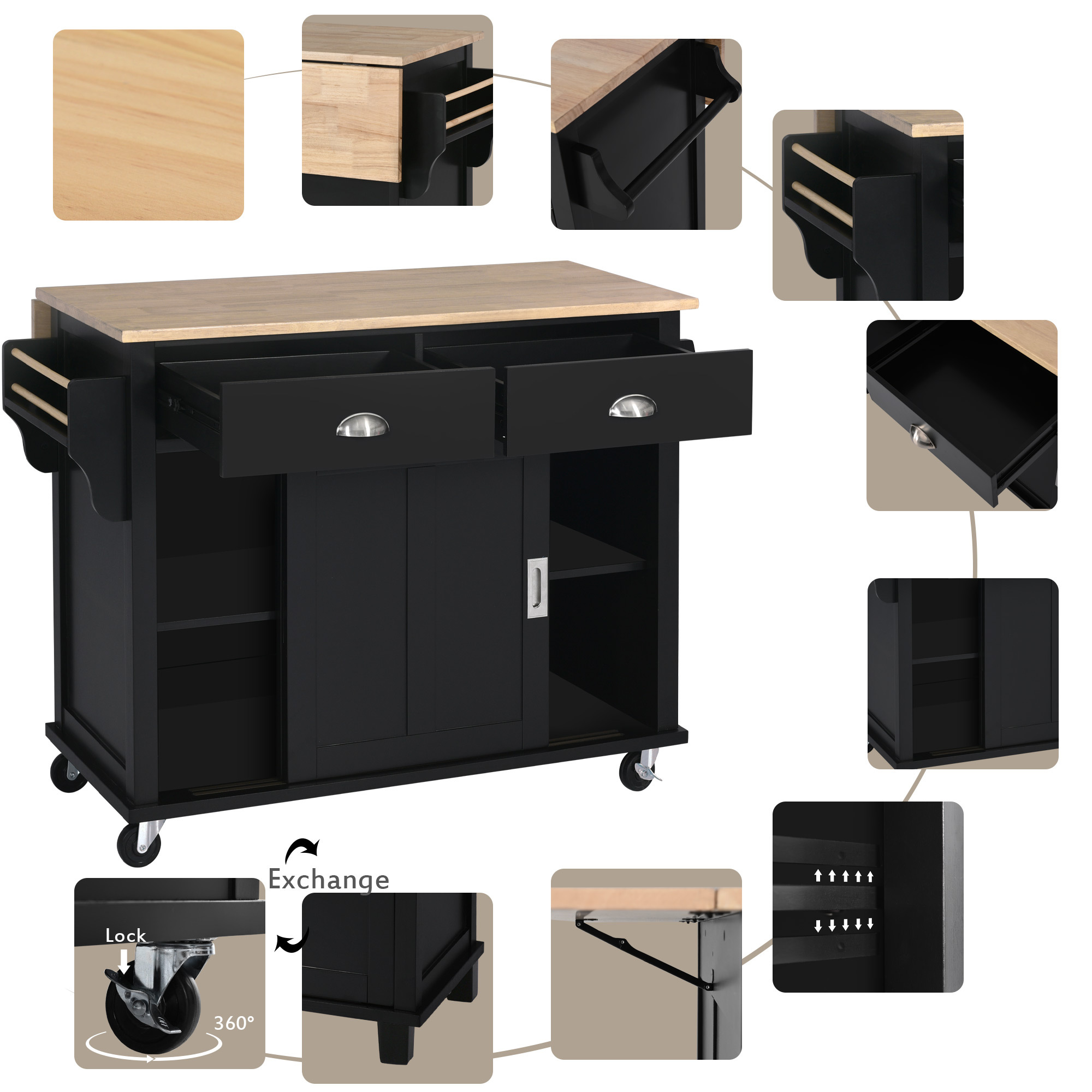 DEALTOPS 52.2 inch Kitchen Cart with Rubber Wood Drop-Leaf Countertop, Concealed Sliding Barn Door Adjustable Height, Kitchen Island on 4 Wheels with Storage Cabinet and 2 Drawers-Black