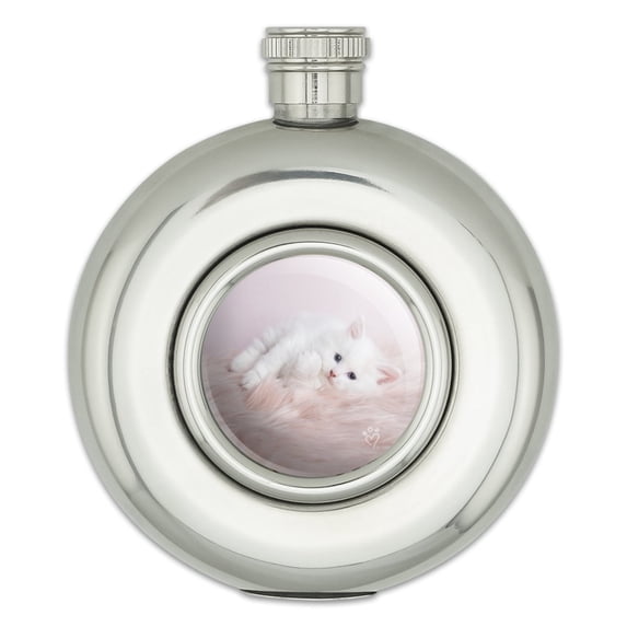 Persian Cat White Kitten Fluffy Furry Blanket Round Stainless Steel 5oz Hip Drink Flask