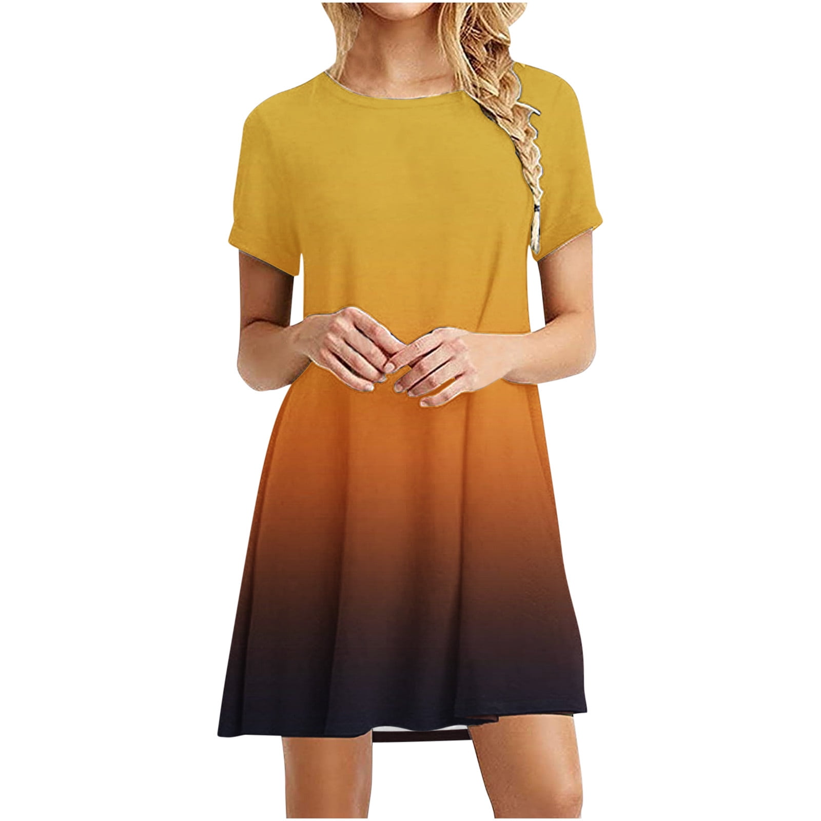 Dresses for Women 2023 Short Sleeve Printing Fade Color Dress Round ...