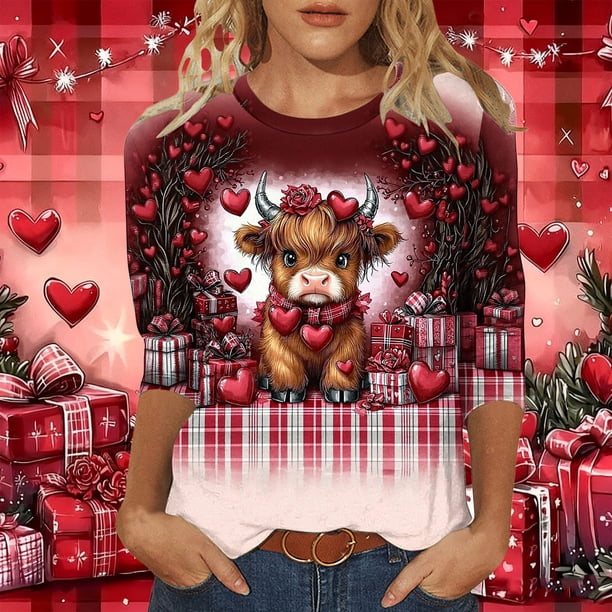 Xuyuer Valentine T Shirts Love Heart Printed Graphic Tee Tops Women's Casual 3/4 Sleeve T-Shirts Round Neck Cute Tunic Tops Basic Tees Blouses Business Work Tee Top Spring Shirts