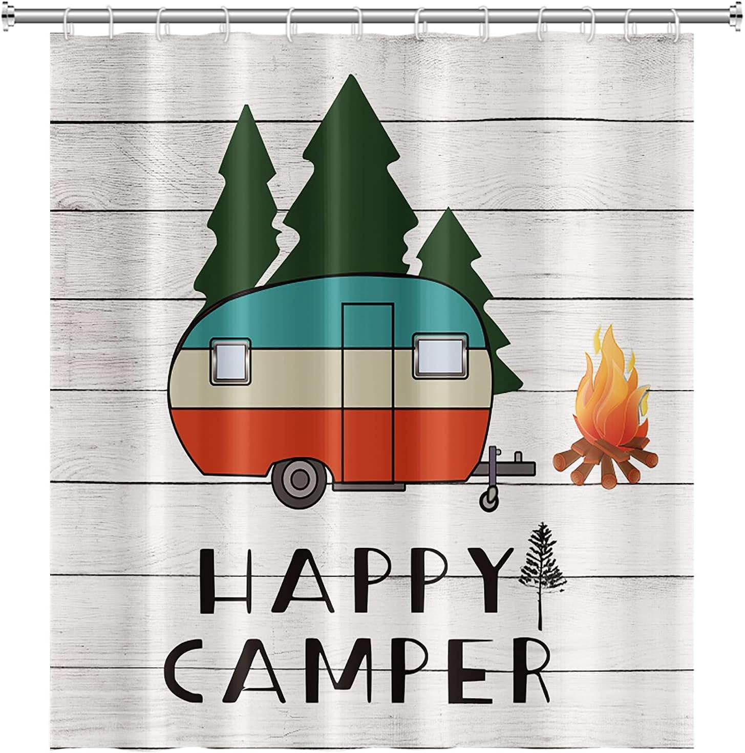 72x84inch Happy Camper Shower Curtain Cartoon Camper Trailer Bonfire Outdoor Adventure Theme Bath Curtain for Bathroom Decor Beige Wood Board Waterproof Fabric Bathroom Set Hooks Included