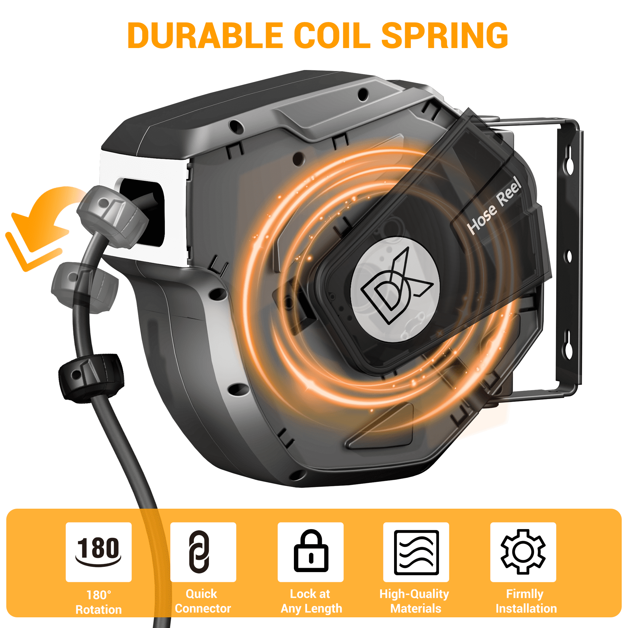 Dkenicor 5/16 70FT Retractable Wall Mount Garden Hose Reel,10 Pattern Nozzle,Automatic Self Retract&Any Length Lock,for Garden,Patio,Yard Use,Gray