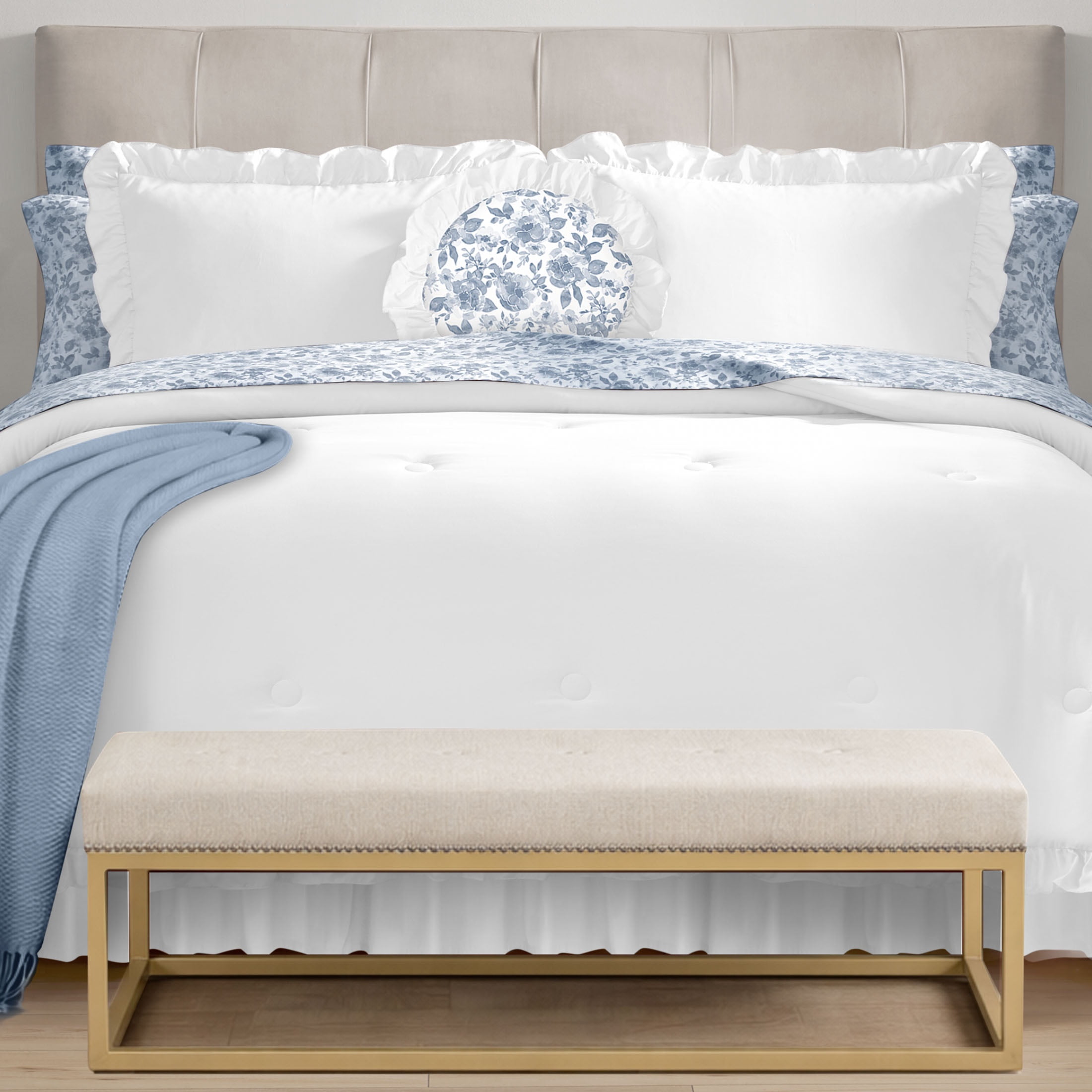 Mainstays All in One Reversible Comforter and Sheet Set- 11 Piece, Full, White and Blue Ruffle