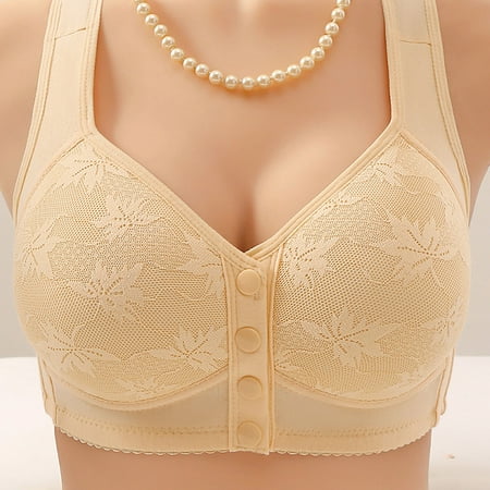 BLTIBY Bras for Women Front Button Closure Bra No Underwire Push Up Solid Color Lace Underwear Plus Size Fashion Comfortable Breathable Wireless Lingerie Plus Size Beige 3XL