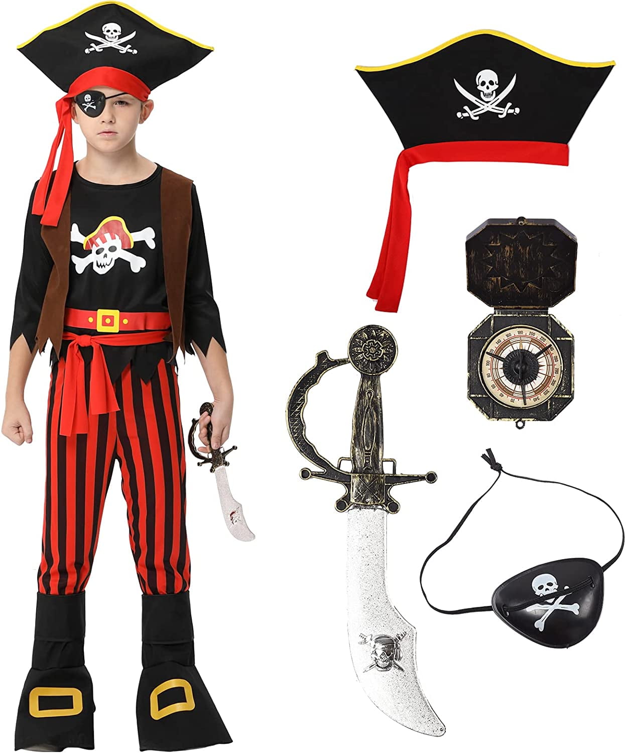 Pirate Costume for Boys Halloween Costume for Kids with Pirate Swords
