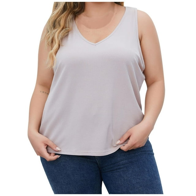 Timegard Womens Plus Size Tank Tops Ribbed V-Neck Comfy Casual Loose Shirt Top Basic Tee Blouse Undershirts