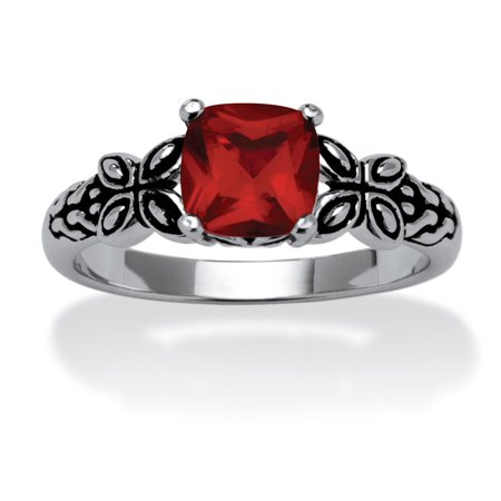 Antique Butterfly Ring - Cushion-Cut Birthstone Butterfly and Scroll Ring in Antiqued Sterling Silver - September- Simulated Sapphire
