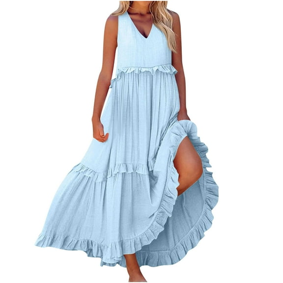 Drses Women's V-Neck Sleeveless Maxi Dress - Boho Flowy Ruffle Tiered Summer Sundress for Beach & Vacation