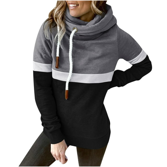 Pompotops Women Casual Patchwork Pullover Turleneck Hoodies Long Sleeve Drawstring Hooded Tops Sweatshirt