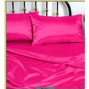 Home Fashion Ensemble de Taie d'Oreiller en Satin Rose Soyeux pour Lit Grand, Drap-Housse et Drap Plat