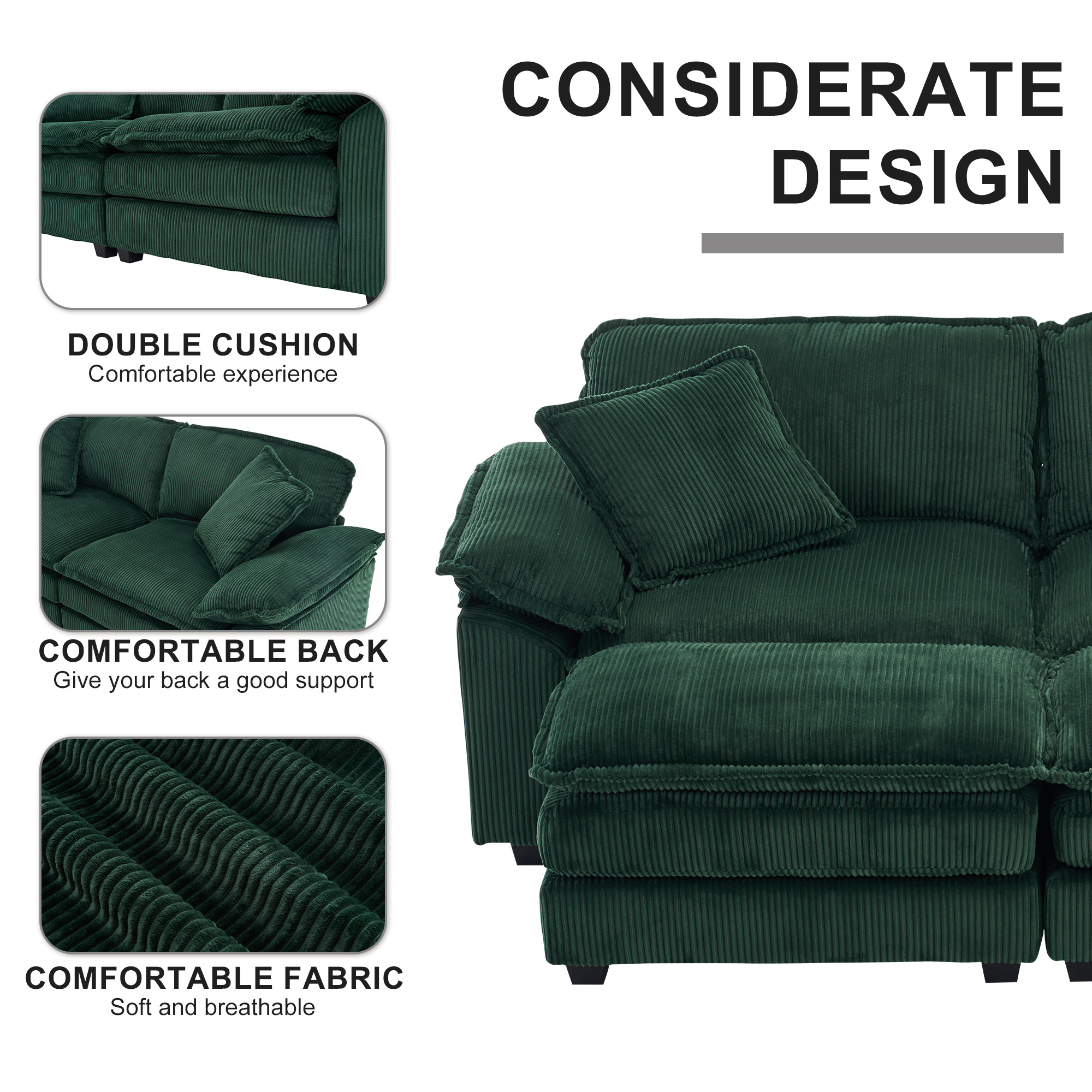 Aukfa Modular Sectional Couch Deep Seat Loveseat Sofa with 2 Ottoman for Living Room, 6 Pillows, Corduroy, Green