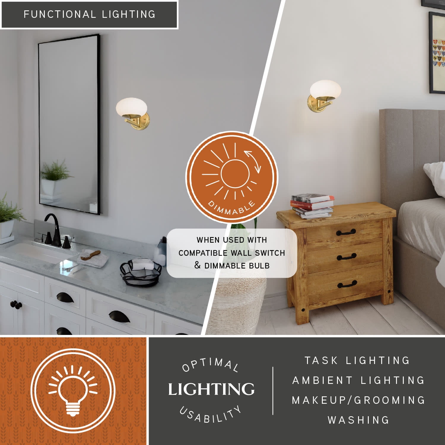 Sloane 1 Light LED Gold Satin Brass Mid-Century Modern Wall Sconce Fixture with White Glass Globe