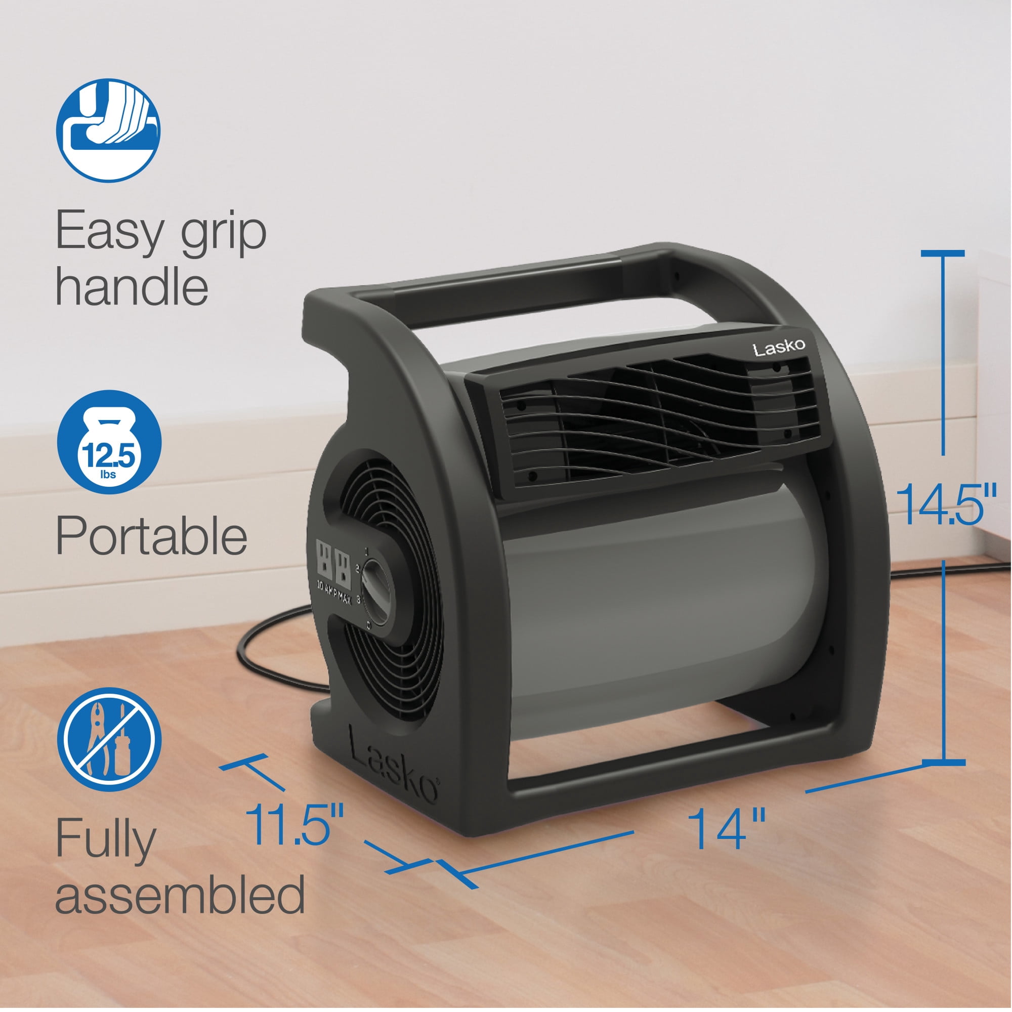 Lasko Max Performance Pivoting Utility Fan, High Velocity Blower Fan with 3 Speeds and Accessory Outlets, Black, U15720