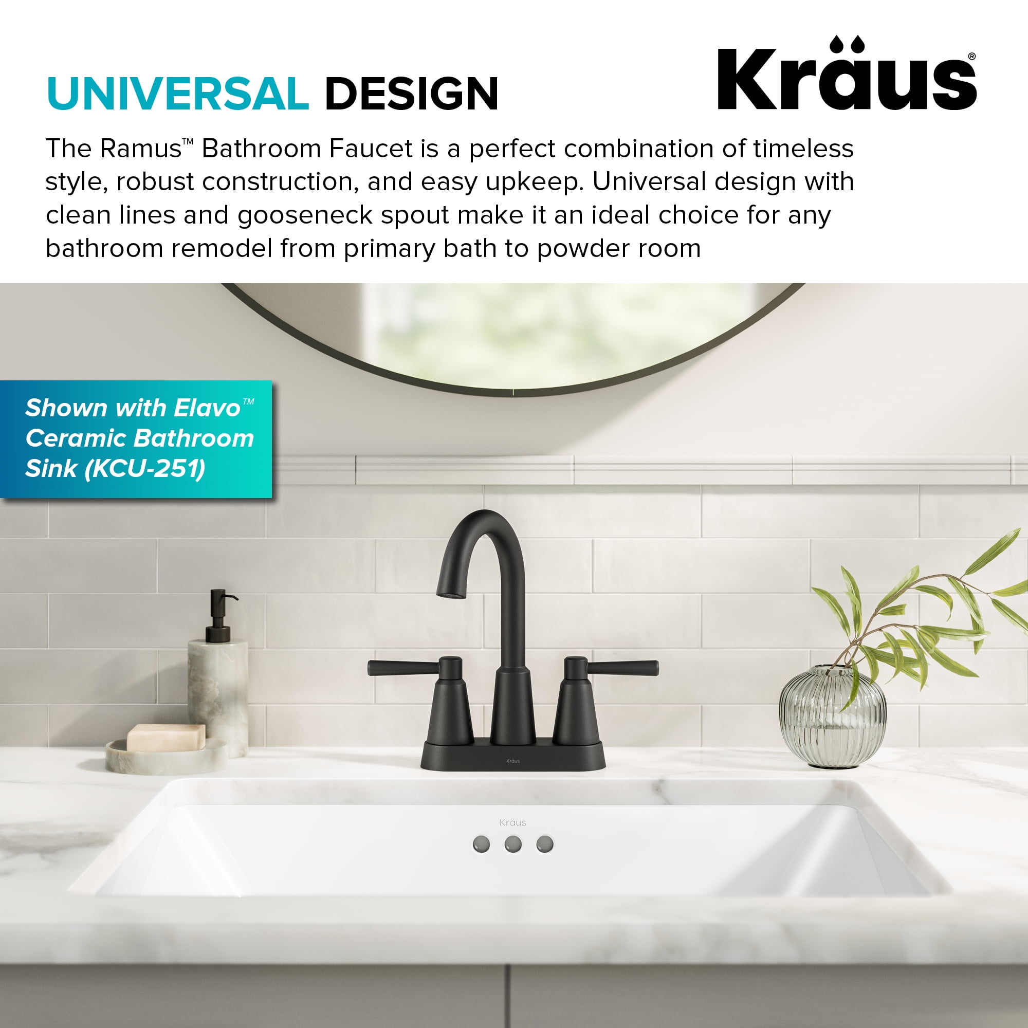 KRAUS Ramus 2-Handle 4-inch Centerset Bathroom Faucet in Matte Black with Pop Up Drain and Supply Lines