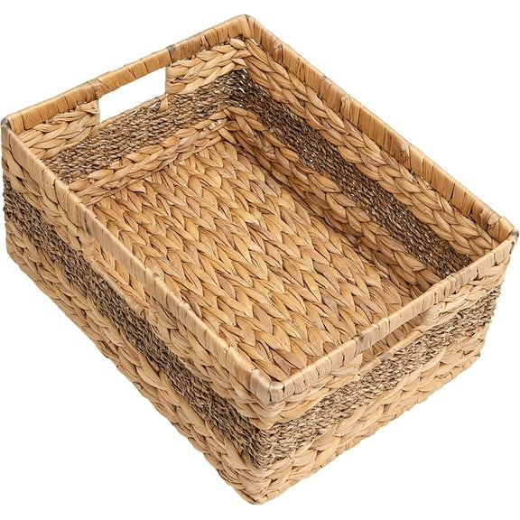 Jumbo Rectangular Wicker Basket, Water Hyacinth and Seagrass Storage Basket with Built-in Handles, 1 Pack