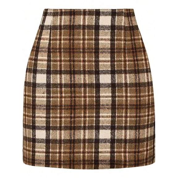 Khaki Plaid Pencil Mini Skirt For Women, High Waist Bodycon Fall Winter Holiday Skirt