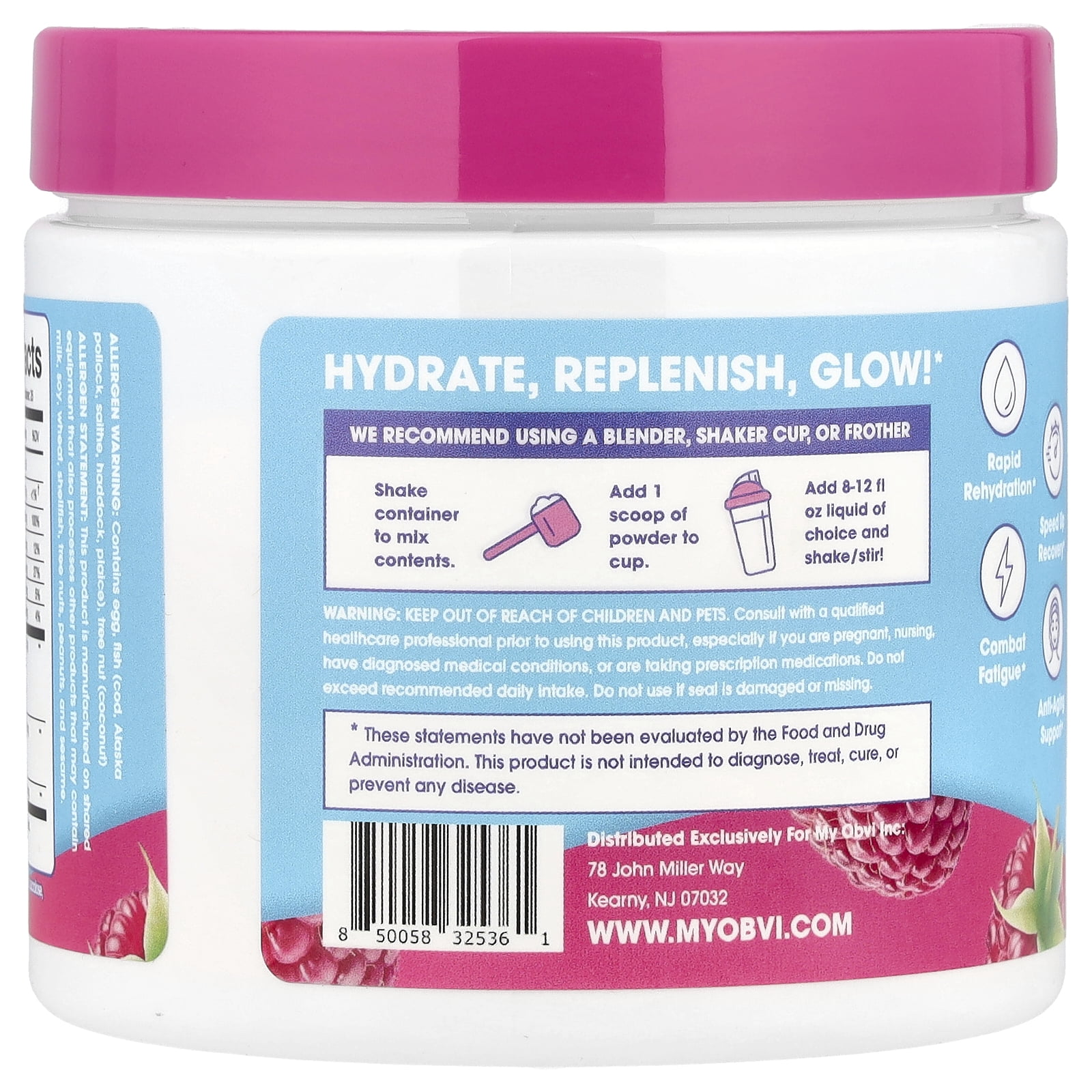 Obvi Hydration Powder | Electrolytes with 5 Collagen Types & Hyaluronic Acid | Sugar-Free Raspberry Rose Hydration, 30 Servings