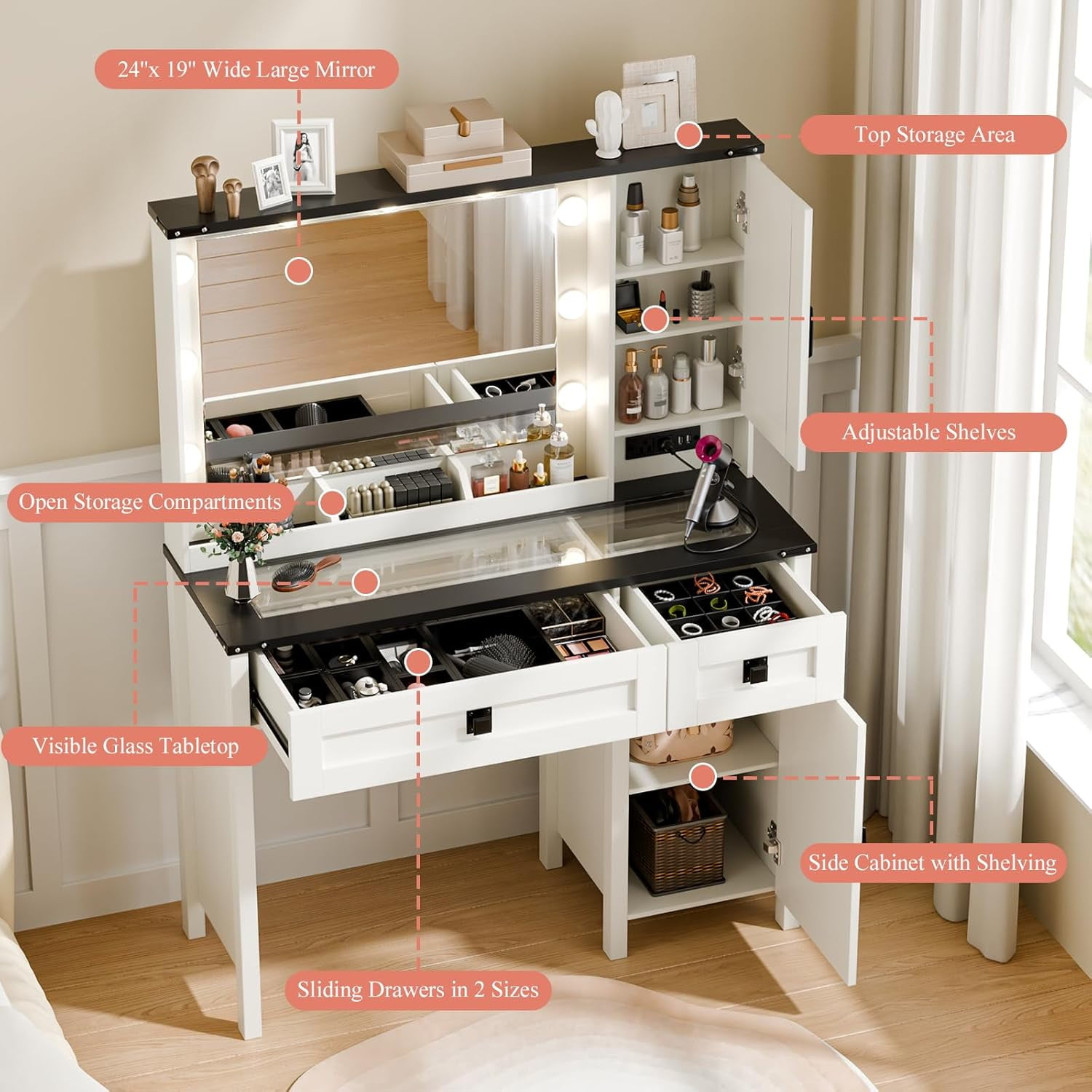 Vanity Desk with Mirror and Light, 39" Makeup Table with 2 Drawers, Cabinets & Power Outlet, 3 Lighting Modes Adjustable, Rustic Bedroom Dressing Table for Girls, Women, White
