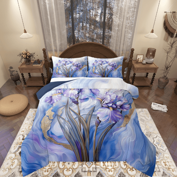 Castle Fairy Purple Iris 2pcs Bedding Comforter Set,Watercolor Marble Twin Comforter Sets,Gradient Ombre Breathable Bedding Set,Super Cozy Floral Room Decor,Reversible