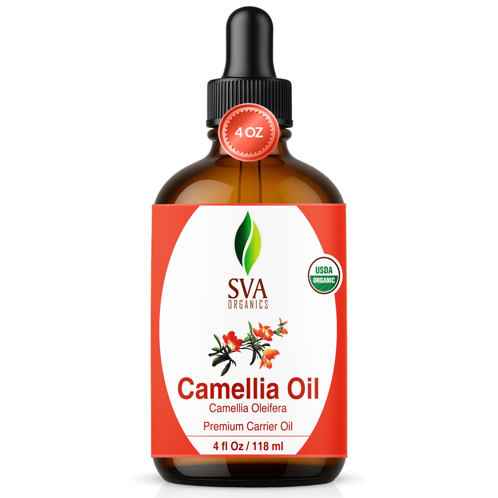 SVA Camellia Seed Oil Organic - 4 Fl Oz – 100% Natural Cold Pressed Organic Camellia Oil - for Face, Skin Care, Hair Care, Scalp Massage & Body Massage – Carrier Oil with Dropper