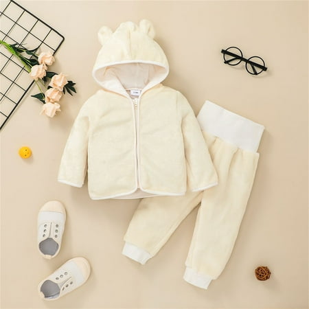 

Hunpta Infant Baby Girls Boys Solid Hooded Long Sleeve Sweatshirt Fleece Top Coat Pants Clothes Set Winter 2Pcs Outfits