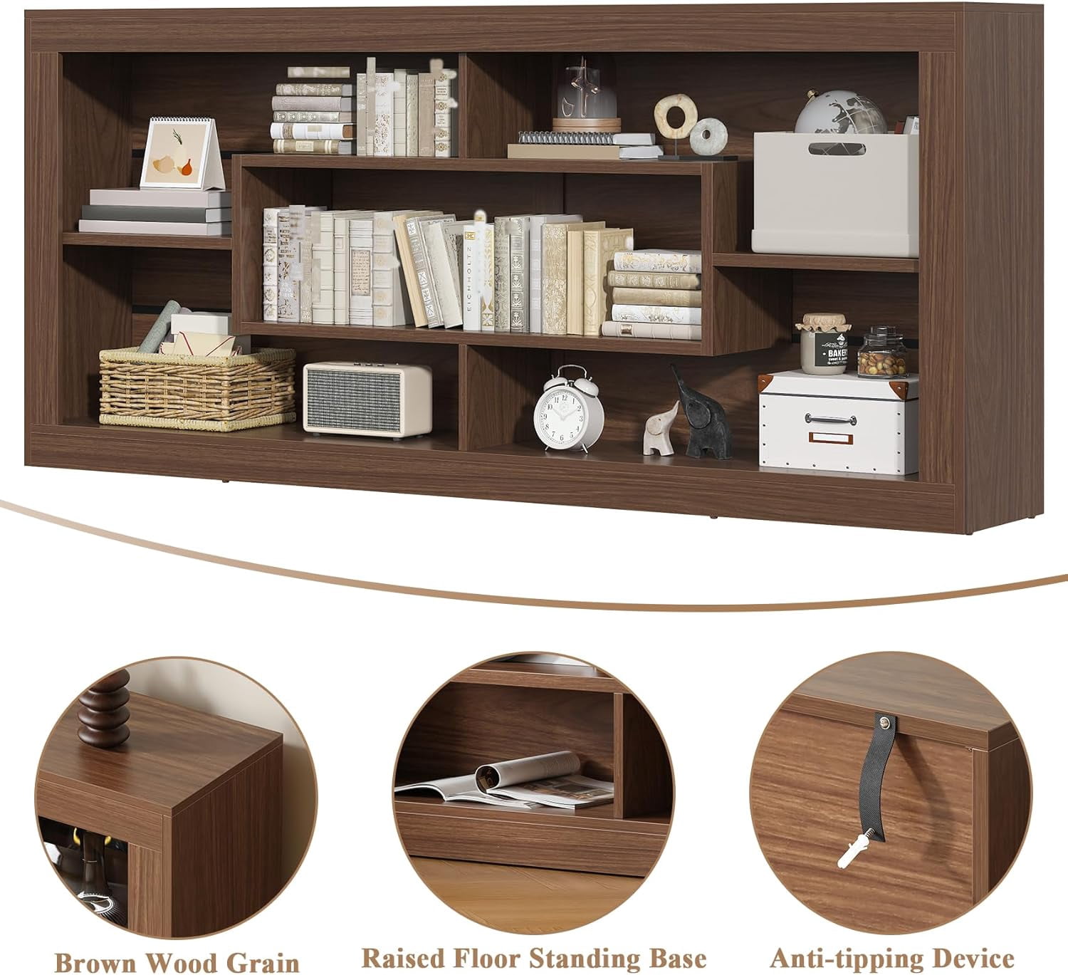 Winkalon Modern Farmhouse 7-Cube Storage Organizer Bookcase, 71” Wide Bookshelf, Large Floor Standing Cubby Shelf Unit with Anti-Tip Kit for Home Office, Living Room, Bedroom,Brown