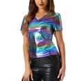 thumbnail image 4 of INSPIRE CHIC Women's Top Party V Neck Short Sleeve Glitter Shiny Metallic Top XS Blue Pink, 4 of 6
