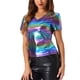 thumbnail image 4 of INSPIRAR CHIC Blusa de Mujer Fiesta Cuello en V Manga Corta Brillante Top Metálico S Azul Rosa, 4 of 6
