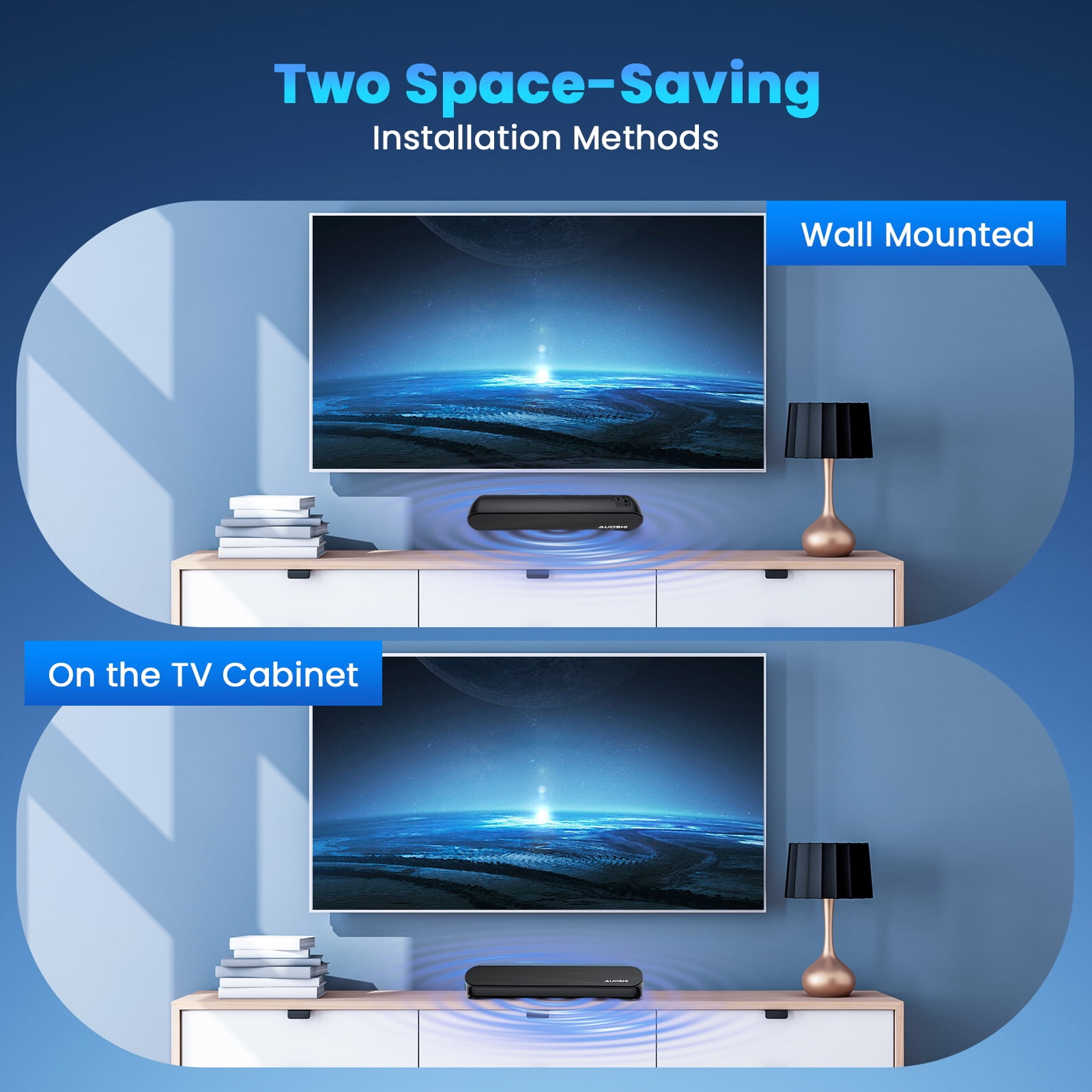 AUOSHI Small Sound Bar for TV, 2.1ch 60+W Compact Soundbar with Built-in Subwoofer, Bluetooth 5.4, 5 EQ Modes, HDMI ARC/Optical/AUX/USB, 16.5 inch