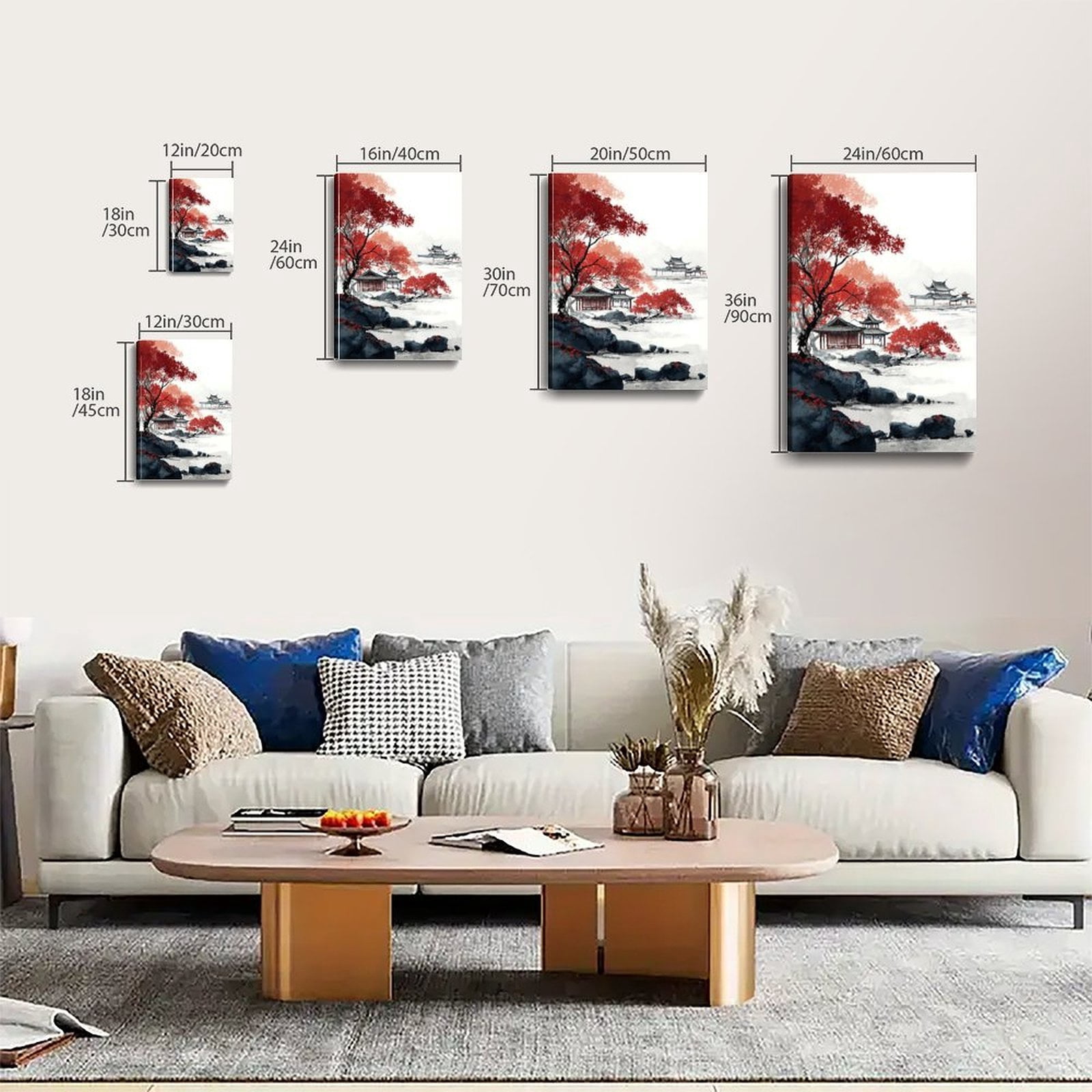 Larbulse  Chinese Landscape Black Pavilions Rock Red Trees Ink Painting Canvas Wall Art Home Decor Poster Vintage Funny Print Picture Abstract Bedroom Living Room Kitchen Posters Decor