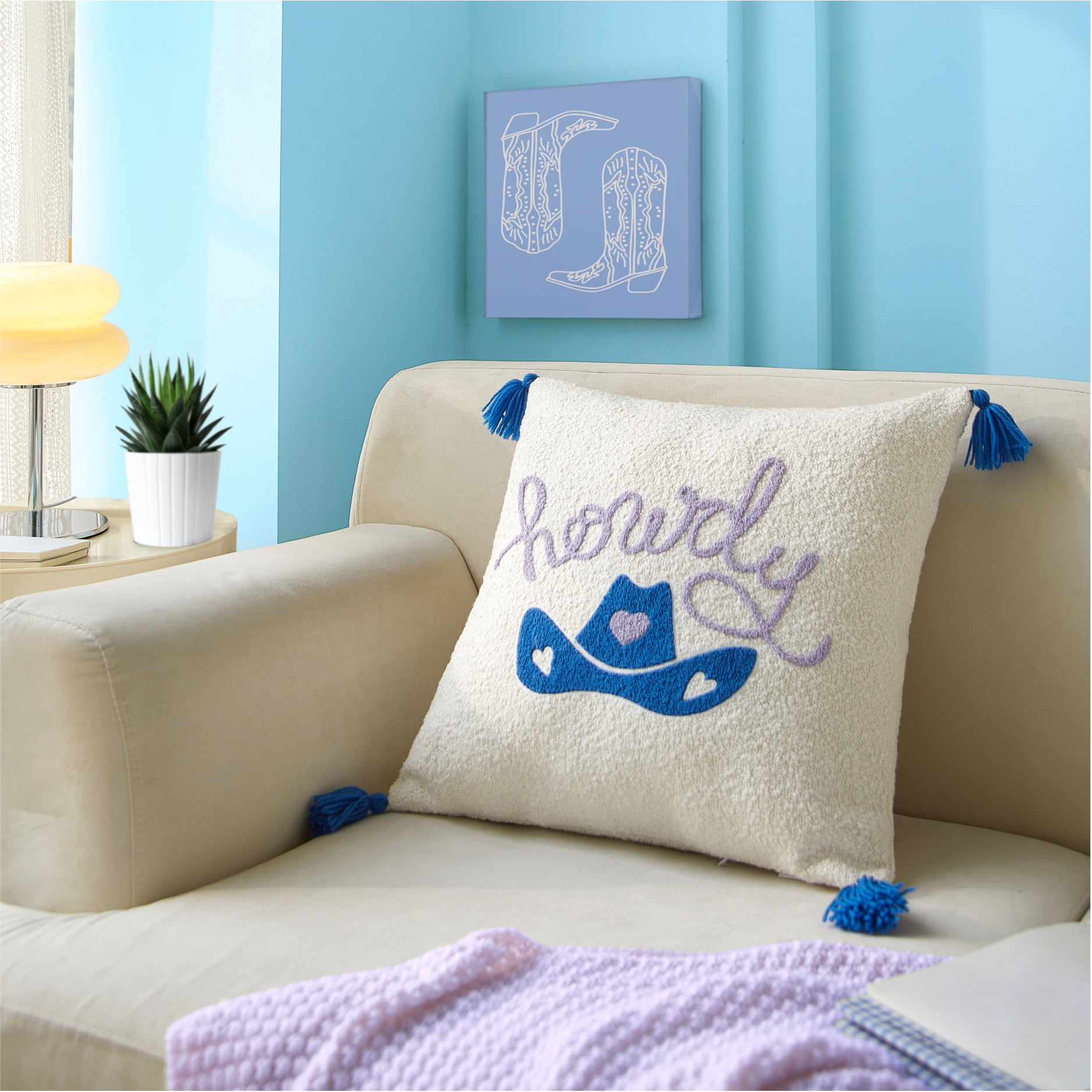 Mainstays 'Howdy' Blue Tasseled Decorative Pillow, 16.5" L x 16" W