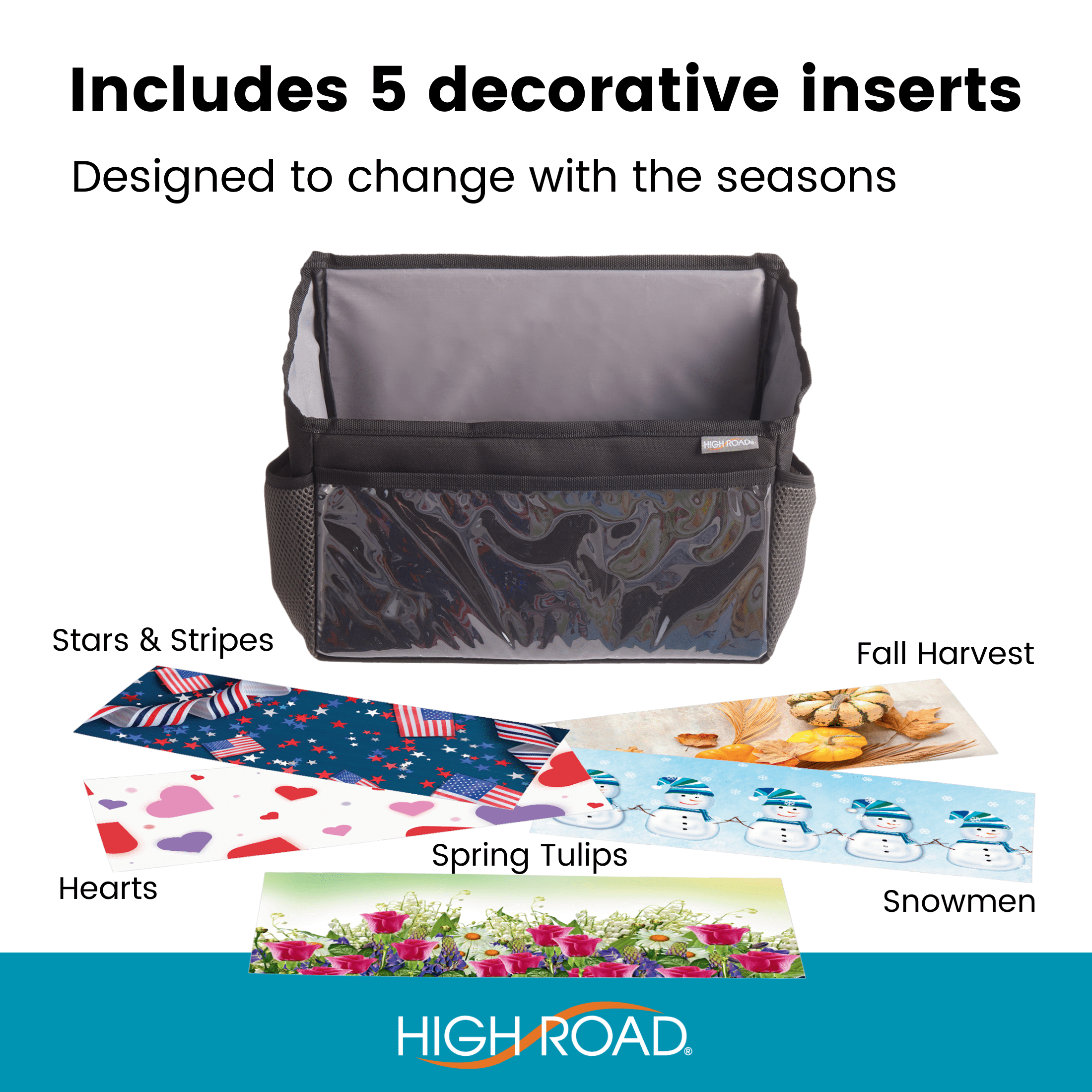 High Road Walker Bag with Clear Front Storage and Photo Pocket - Walker Basket for Folding Walker With Insulating Neoprene Cup Holder, 4 Storage Pockets and 5 Decorative Picture Inserts