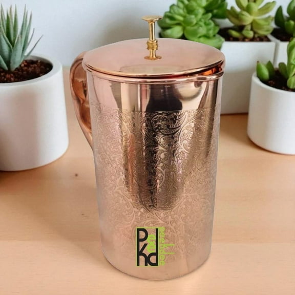Peekdee Pure Copper Embossed Water Jug Pitcher with Brass Knob 1500 ML Water Storage For Home, Hotel, and Restaurant Use