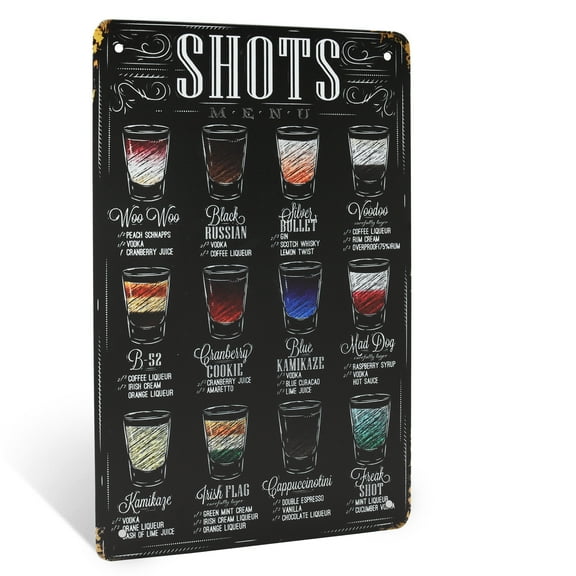 Twelve Shots Menu Metal Tin Sign for Home Bar, Apartment College Dorm Room Decor
