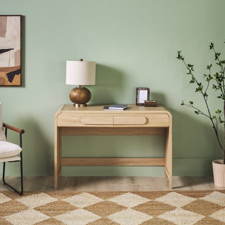 Walker Edison Modern Curved Waterfall Desk with Drawers Coastal Oak