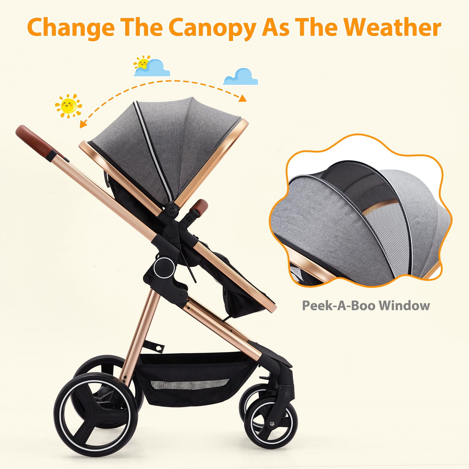 2024 New Convertible Baby Stroller, 3 in 1 Reversible Bassinet Stroller for Newborn, Toddler, High Landscape Foldable Pram with Adjustable Backrest and Canopy, Windproof Foot Cover, 5-Point Harness