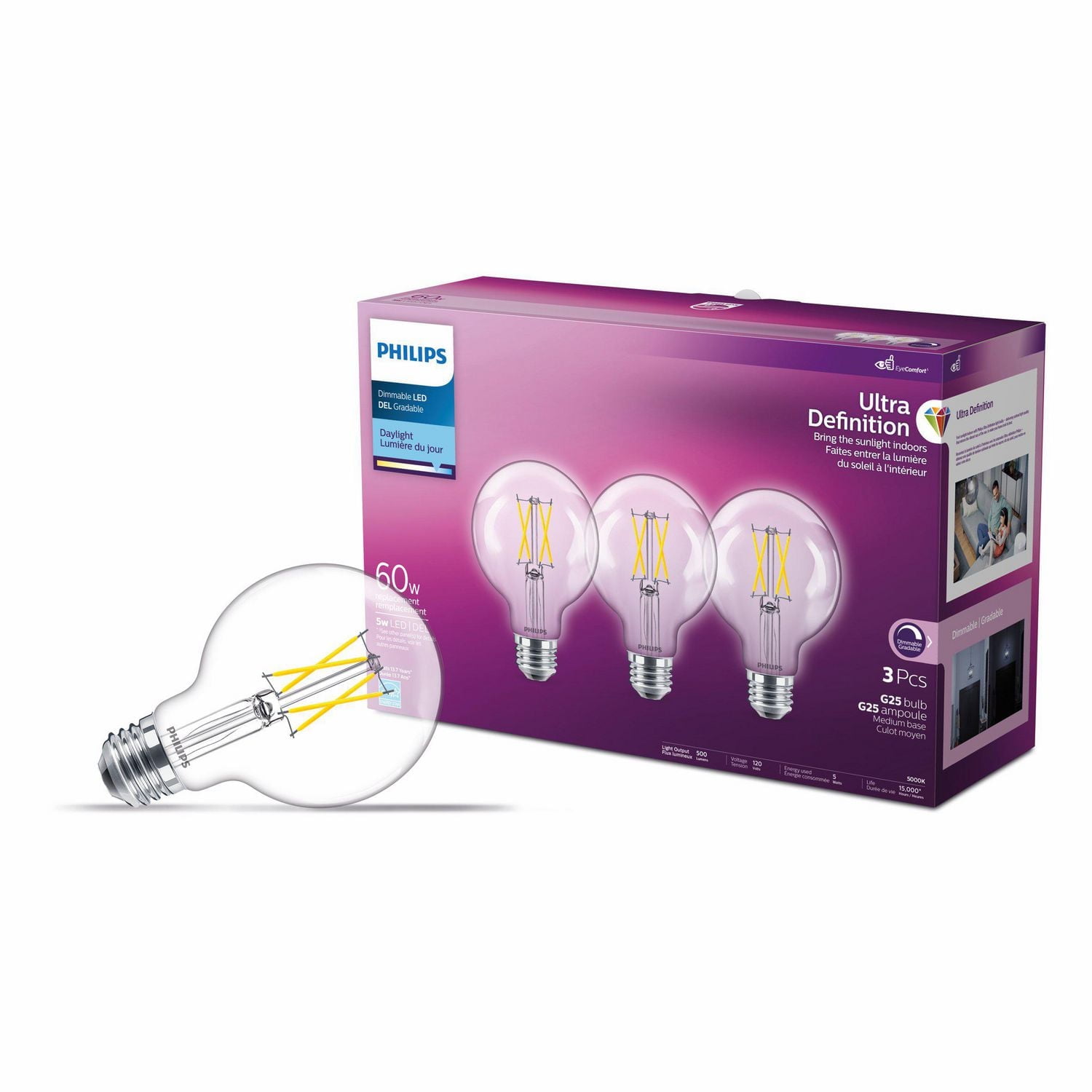 Philips UltraDefinition LED G25 E26 60W Equivalent Globe Light Bulb, Dimmable Day light (5000K) 3-Pack