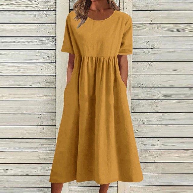 Lindbes 2024 Été Nouveau P-2TG Vintage Coton Lin Robe Femme Décontractée Ample Col Rond Manches Courtes Mode Maxi Robes Vestidos Mujer
