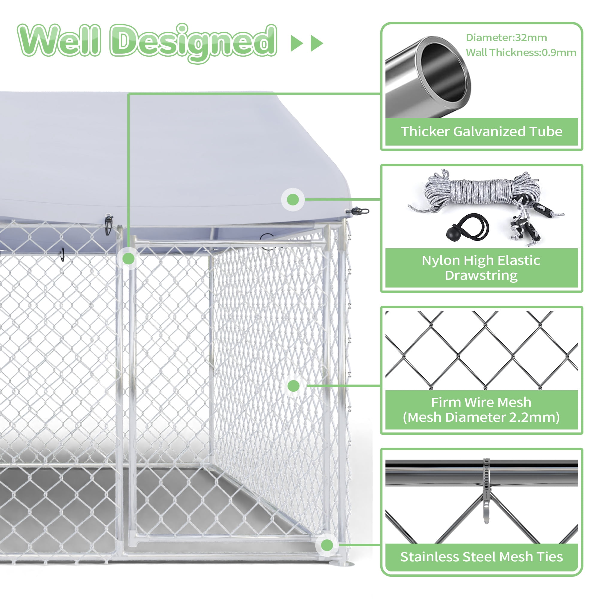 EUNHOO Outdoor Dog Kennel,7'L x 5.9'W x 5.05'H Large Dog Fence Outside with Roof, Metal Wire Dog House for Yard, Dog Enclosure for Big Dog Run