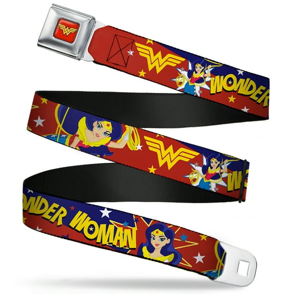 DC Comics Belt, Seatbelt Buckle Belt, DC Girls Wonder Woman Poses Logo Stars Red Gold Blues White, 30 to 44 Inches